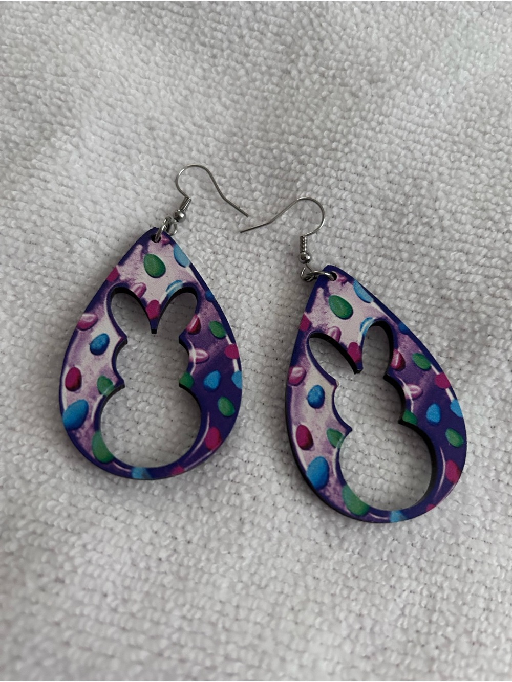 Purple Teardrop Bunny Cutout Earrings with Colorful Dots